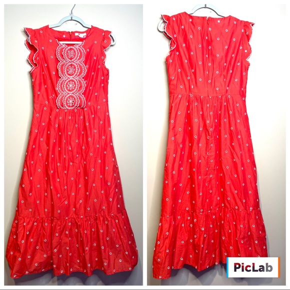 Boden Lucinda Broderie Eyelet Coral Red cotton midi dress size 8 Regular - Picture 6 of 8